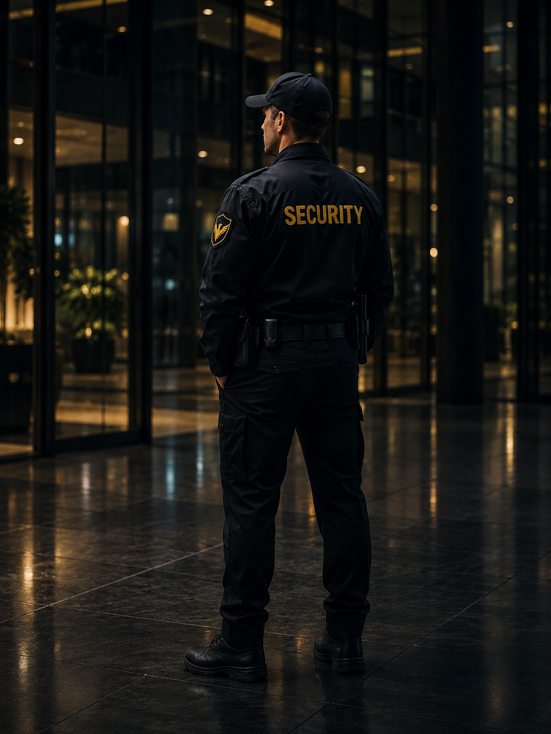 Professional security guard standing inside a modern protected facility