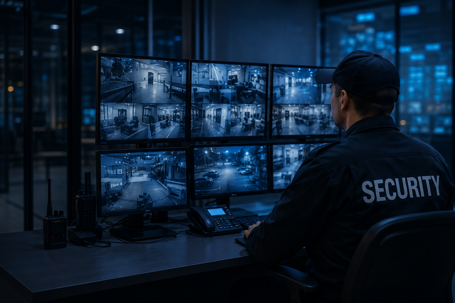 Security control room monitoring surveillance screens