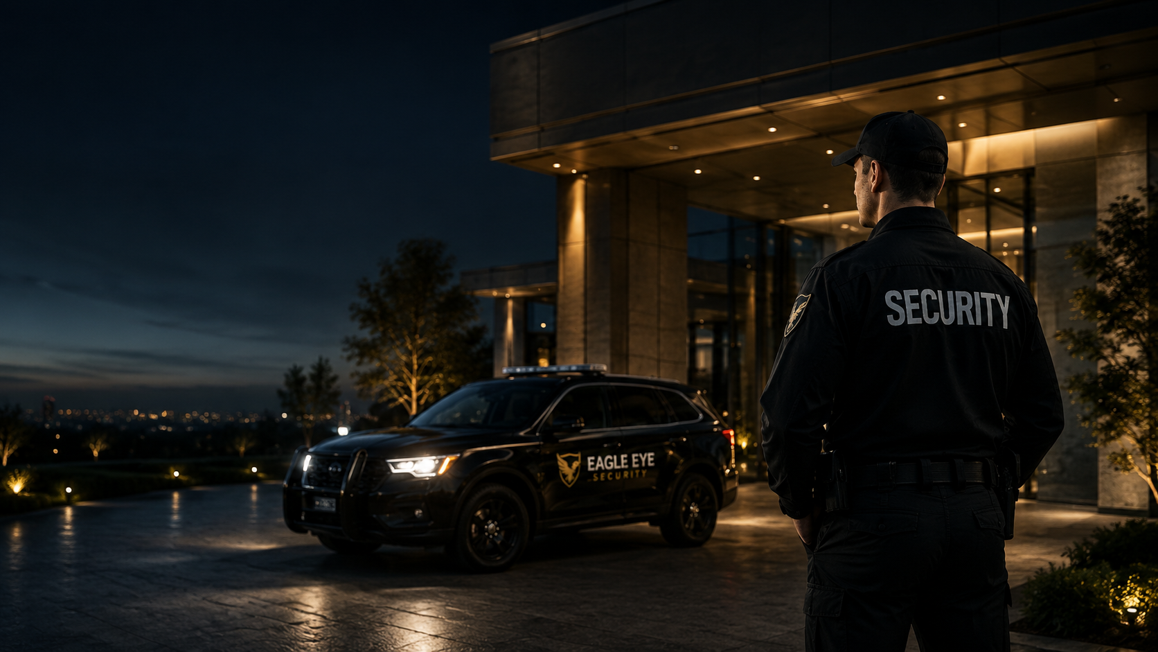 Eagle Eye Security officer protecting a modern facility at night