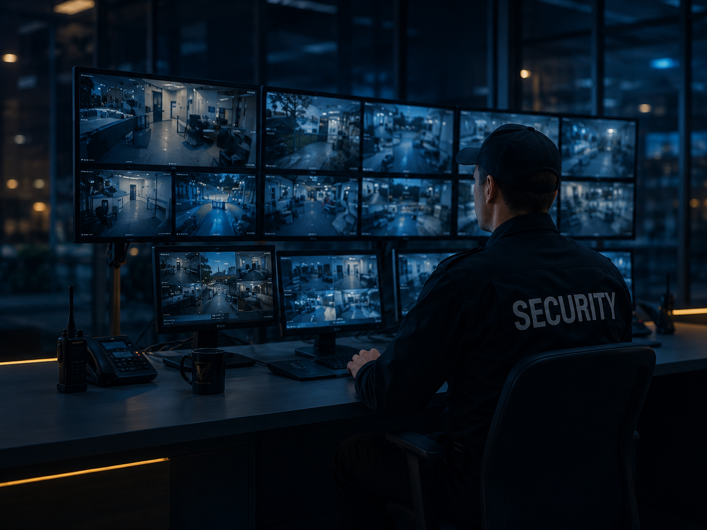 Security control room monitoring multiple surveillance screens